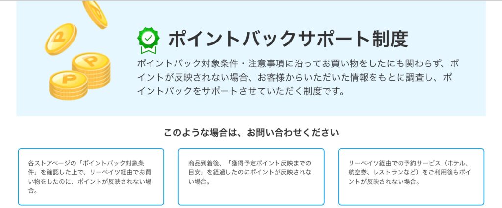 楽天リーベイツのポイントバックサポート制度の画面
